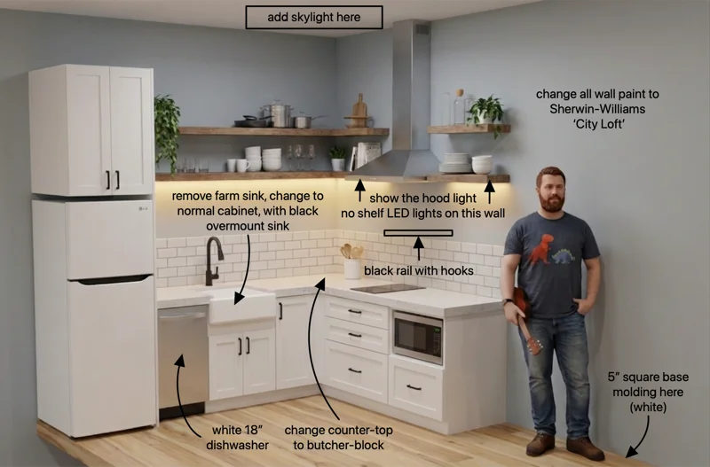 The rendered kitchen, annotated again with a second round of change requests