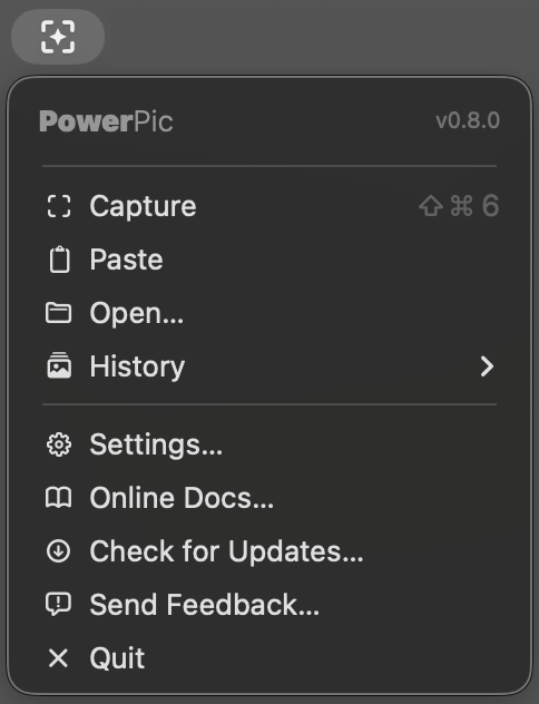 PowerPic's menu bar app menu